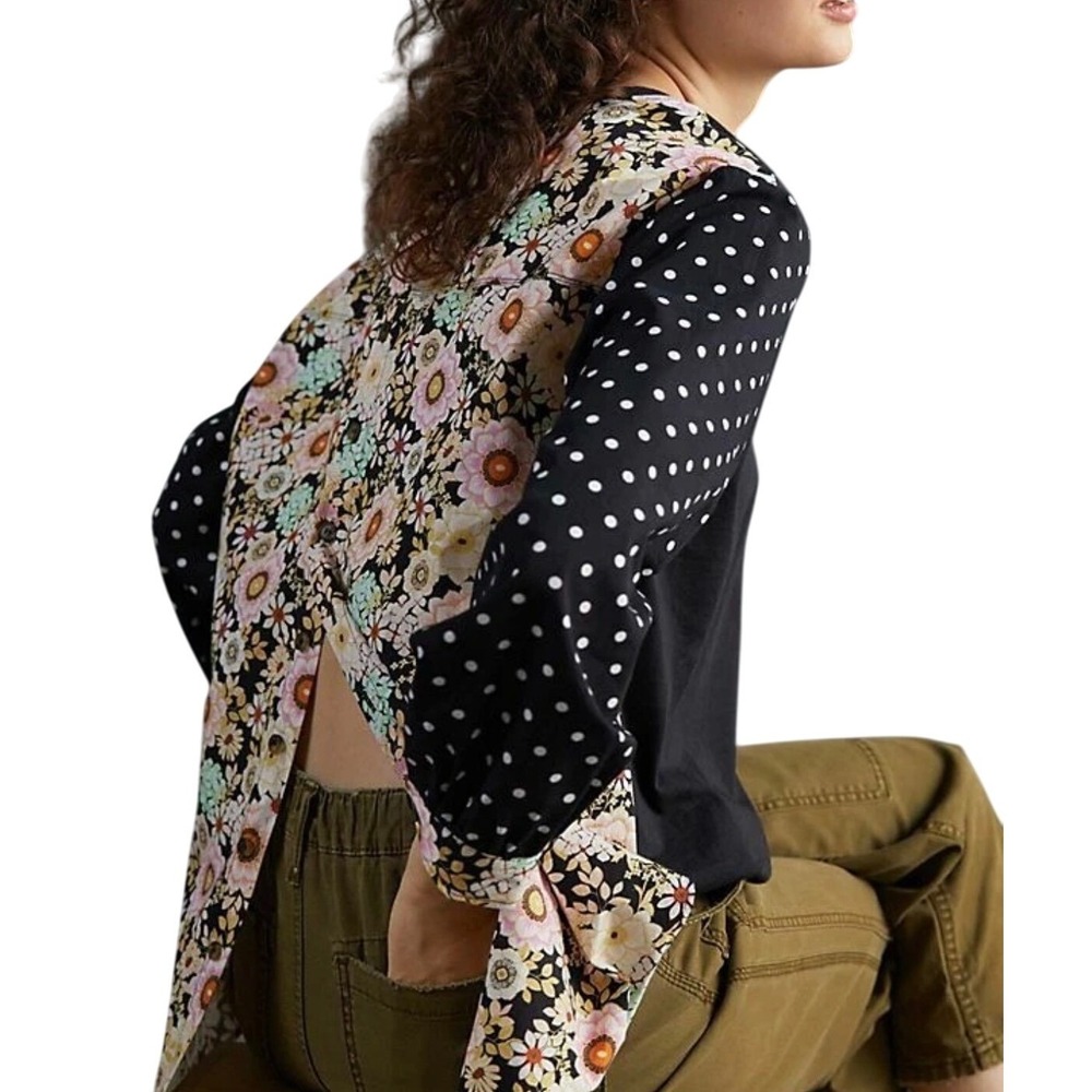 Maeve Anthropologie Mixed Print Top Small Black Floral Polka Dot Button Back - Picture 1 of 13